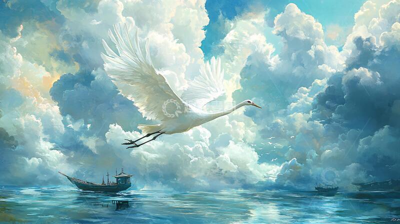 高清大图下载【趣麦麦图】天鹅湖插画插画仙鹤仙境