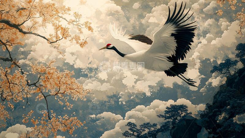 高清大图下载【趣麦麦图】仙鹤云海插画10