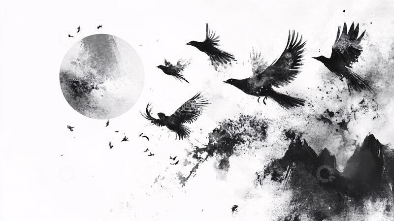 高清大图下载【趣麦麦图】-水墨船墨痕飞鸟3