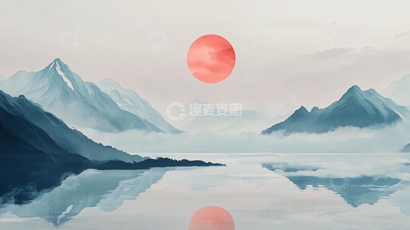 高清大图下载【趣麦麦图】红日水墨山水132