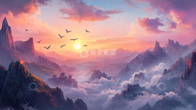 高清大图下载【趣麦麦图】天界晓钟风景插画18