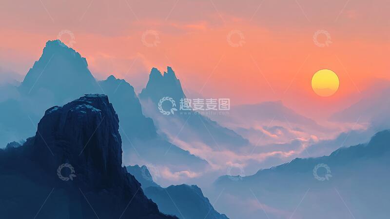 高清大图下载【趣麦麦图】红日水墨山水128