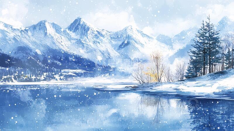 高清大图下载【趣麦麦图】宽屏风景画雪景插画手绘