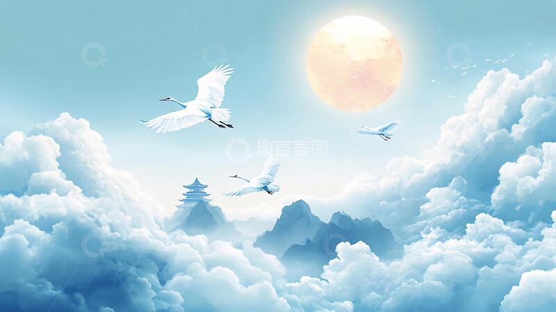 高清大图下载【趣麦麦图】仙鹤云海插画9