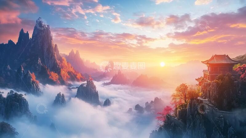 高清大图下载【趣麦麦图】迎客松日出仙境意境风光