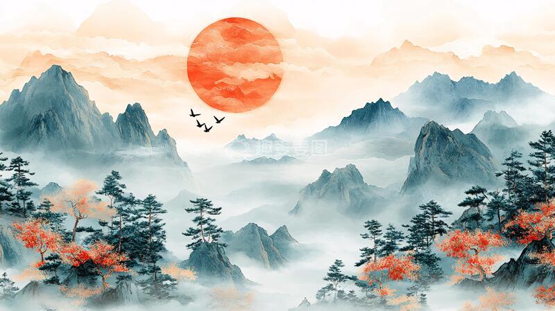 高清大图下载【趣麦麦图】红日水墨山水129