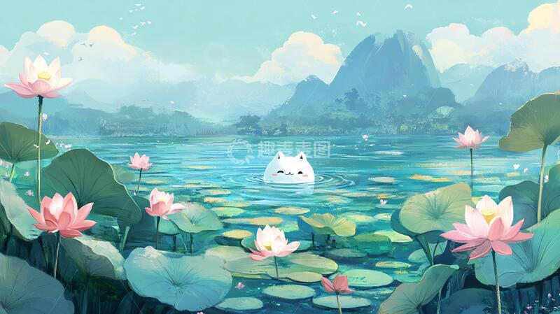 高清大图下载【趣麦麦图】荷塘插画插画荷塘夏天