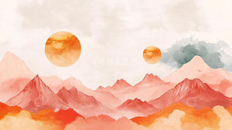 高清大图下载【趣麦麦图】红日水墨山水130