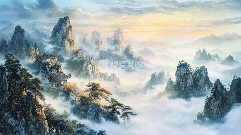 高清大图下载【趣麦麦图】迎客松油画油画巨幅云雾