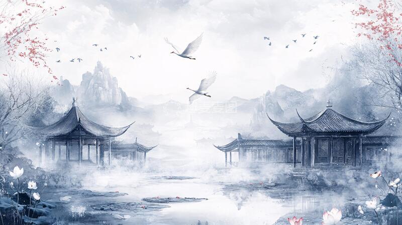 高清大图下载【趣麦麦图】楼阁建筑仙鹤背景墙