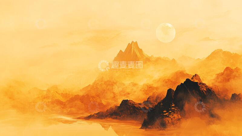 高清大图下载【趣麦麦图】淡雅金色烟雾山水2