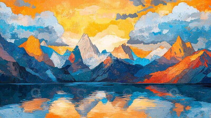 高清大图下载【趣麦麦图】山湖插画插画手绘艺术