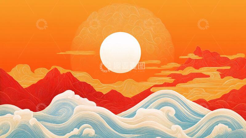 高清大图下载【趣麦麦图】插画红日红日插画仙鹤