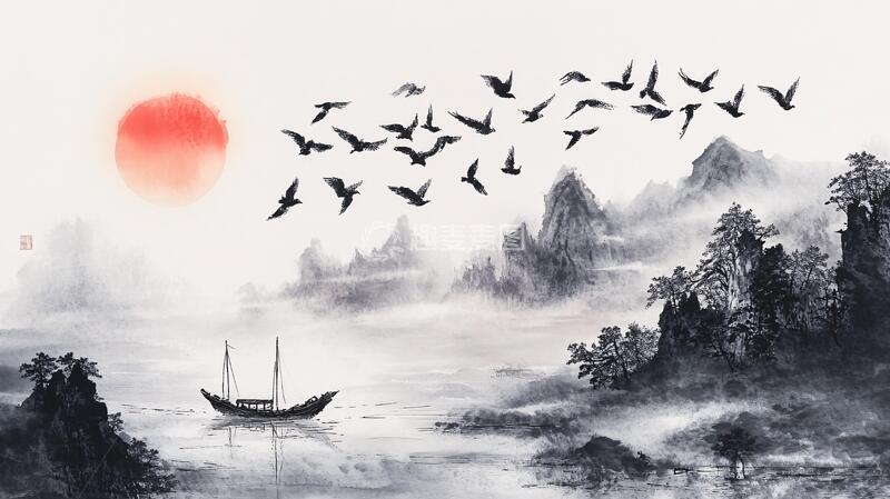 高清大图下载【趣麦麦图】旭日东升水墨画