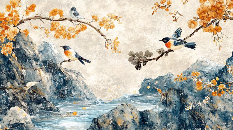 高清大图下载【趣麦麦图】意境水墨花鸟墙纸壁画