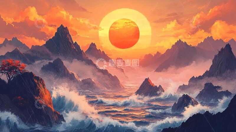 高清大图下载【趣麦麦图】山海插画插画红日风景