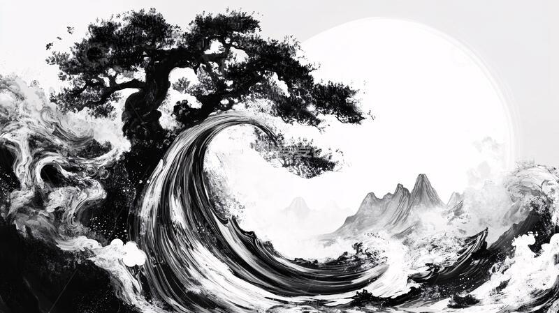 高清大图下载【趣麦麦图】海浪仙鹤松树