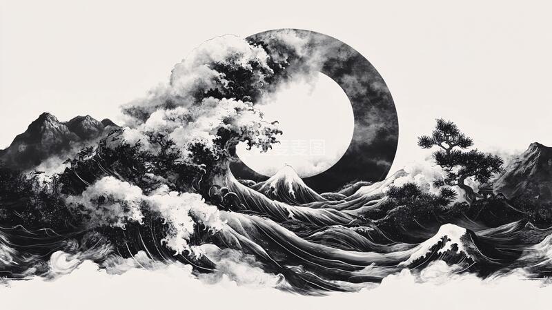 高清大图下载【趣麦麦图】新中式海浪中式意境水墨