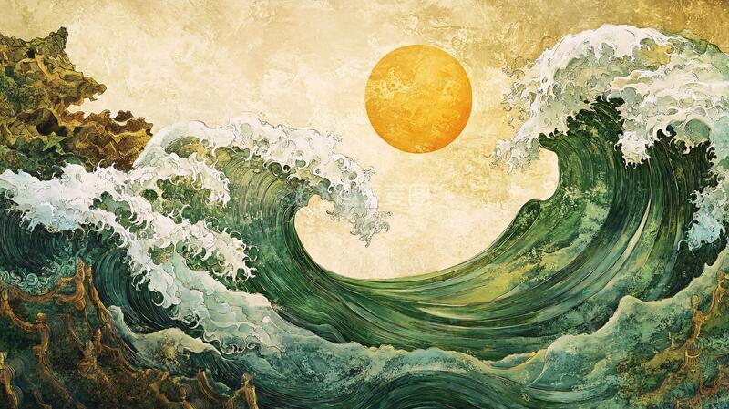 高清大图下载【趣麦麦图】海浪浮世绘插画浪花手绘