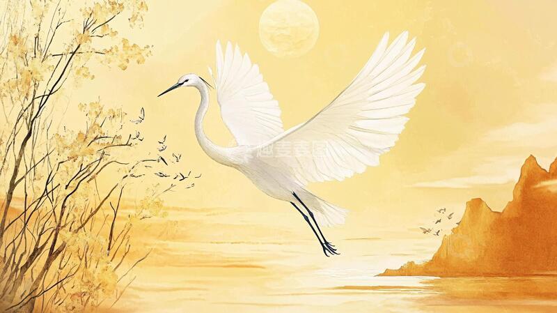 高清大图下载【趣麦麦图】旭日东升仙鹤插画15