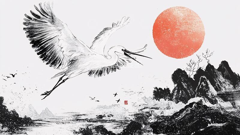 高清大图下载【趣麦麦图】仙鹤海浪旭日东升3