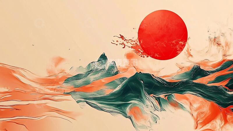 高清大图下载【趣麦麦图】红日水墨红日插画中式