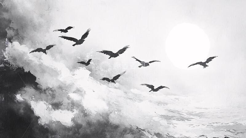 高清大图下载【趣麦麦图】烟雾禅意数字水墨仙鹤1