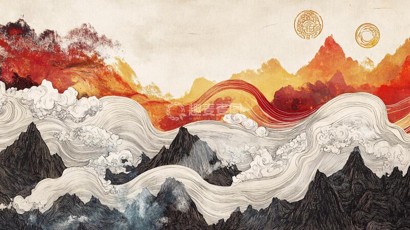 高清大图下载【趣麦麦图】高端山水线包装插画6