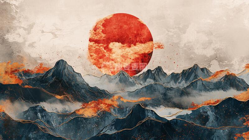 高清大图下载【趣麦麦图】红日水墨山水125