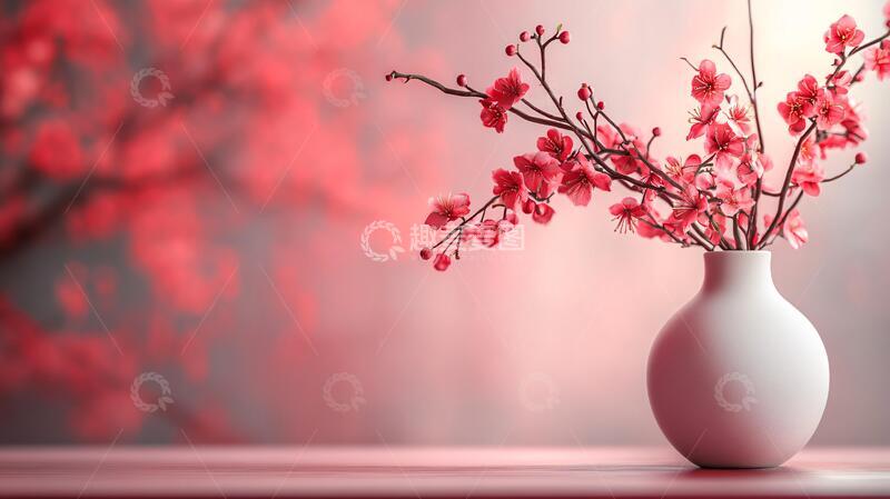 高清大图下载【趣麦麦图】红梅插瓶桃花中式花瓶