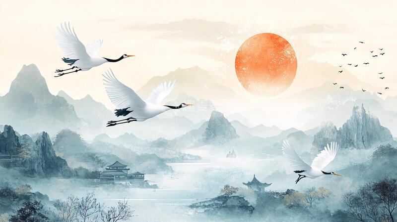 高清大图下载【趣麦麦图】仙鹤古风山水插画16