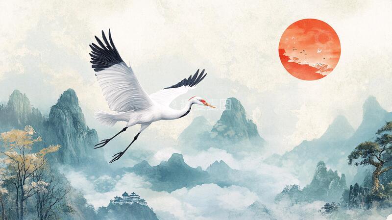 高清大图下载【趣麦麦图】仙鹤古风山水插画15