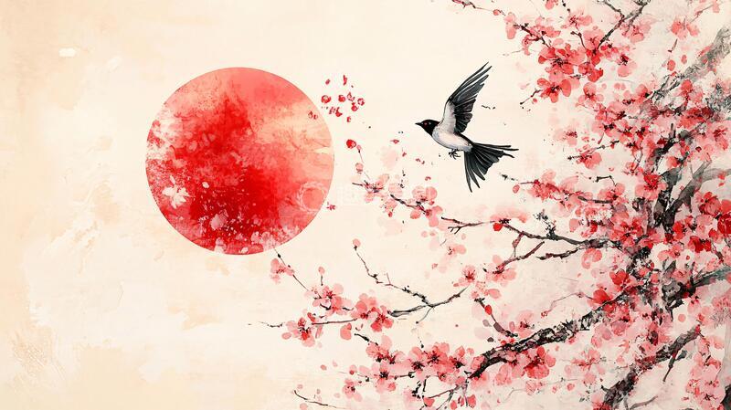 高清大图下载【趣麦麦图】水墨红梅喜鹊