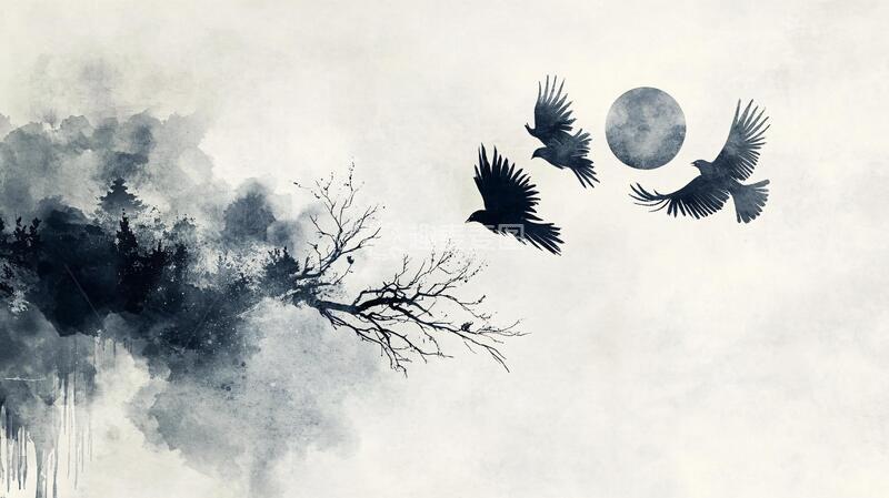高清大图下载【趣麦麦图】月圆双雀飞鸟月色月影