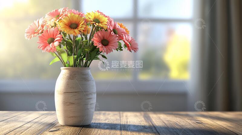 高清大图下载【趣麦麦图】花瓶插花非洲菊