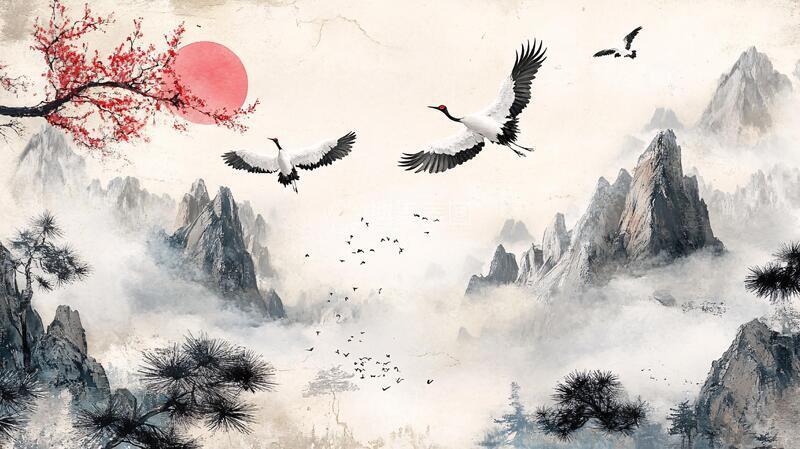 高清大图下载【趣麦麦图】仙鹤古风山水画6