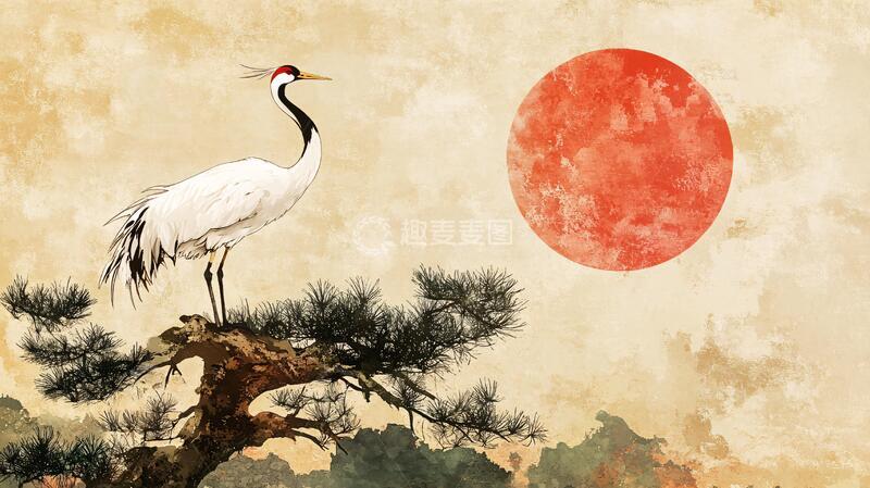 高清大图下载【趣麦麦图】旭日东升仙鹤2