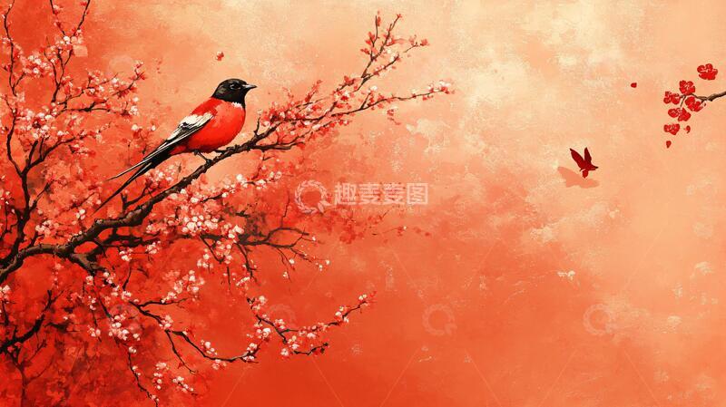高清大图下载【趣麦麦图】古风红梅花鸟插画1