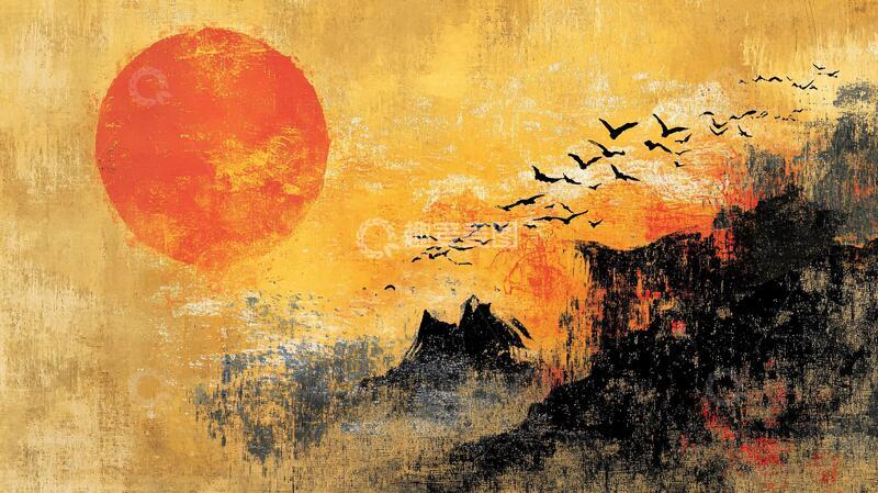 高清大图下载【趣麦麦图】红日水墨山水124