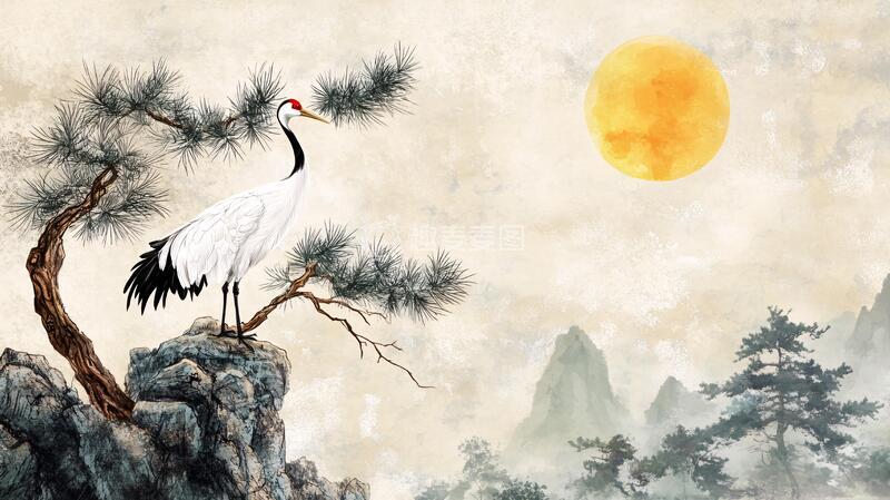 高清大图下载【趣麦麦图】旭日东升仙鹤插画11
