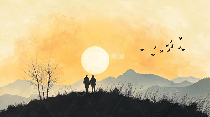高清大图下载【趣麦麦图】看日出插画插画情侣素材
