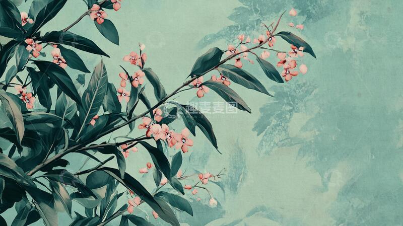 高清大图下载【趣麦麦图】蓝调花鸟树枝背景1