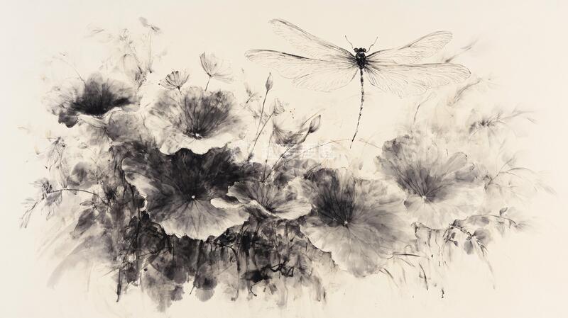 高清大图下载【趣麦麦图】水墨蜻蜓草虫蜻蜓手绘