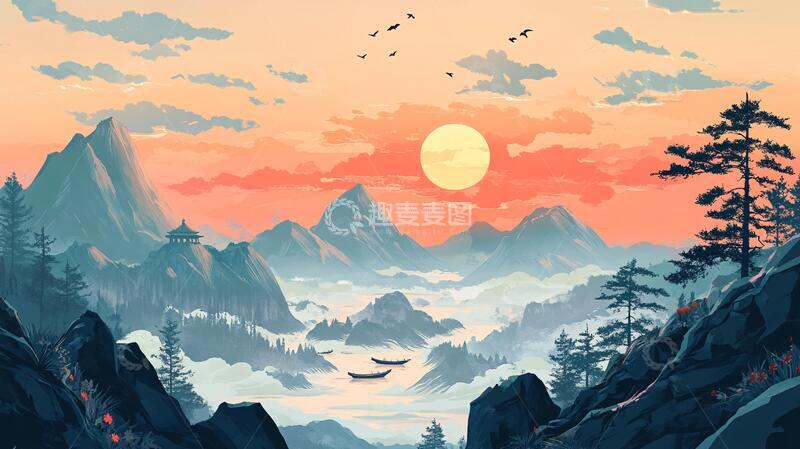 高清大图下载【趣麦麦图】中式山水日出21