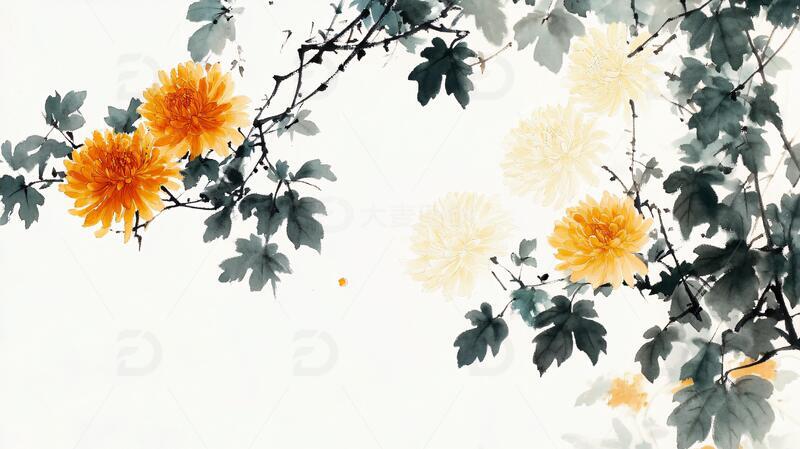 高清大图下载【趣麦麦图】秋菊水墨菊花手绘中式