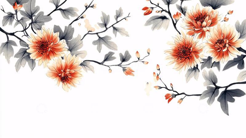 高清大图下载【趣麦麦图】橘色花手绘手绘花卉水墨