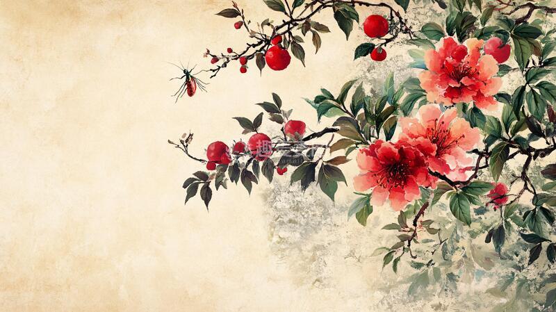 高清大图下载【趣麦麦图】石榴花壁画桃花壁画中式