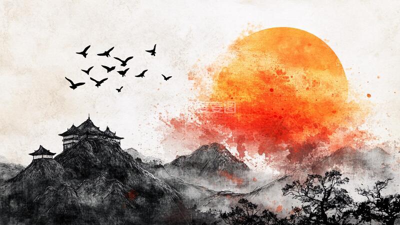 高清大图下载【趣麦麦图】红日水墨山水119