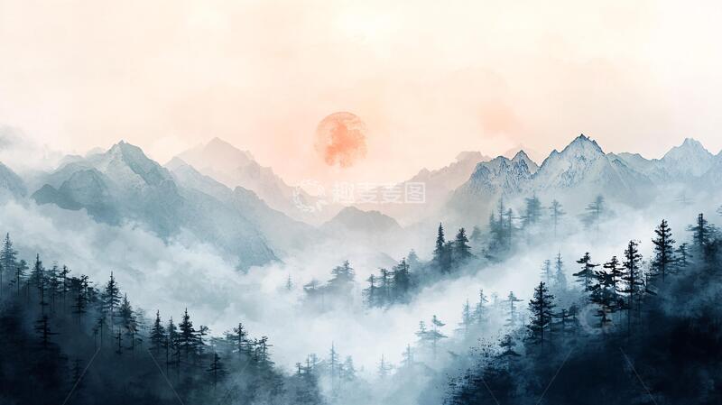 高清大图下载【趣麦麦图】红日水墨山水121