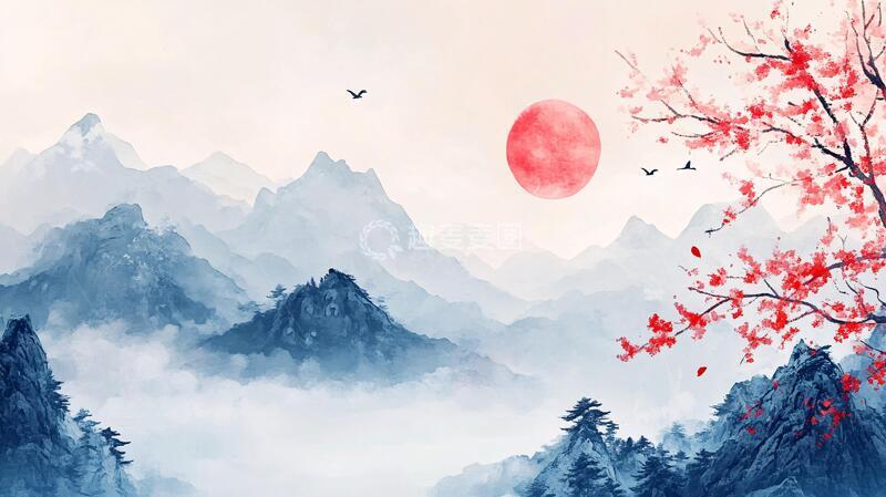 高清大图下载【趣麦麦图】红日水墨山水118